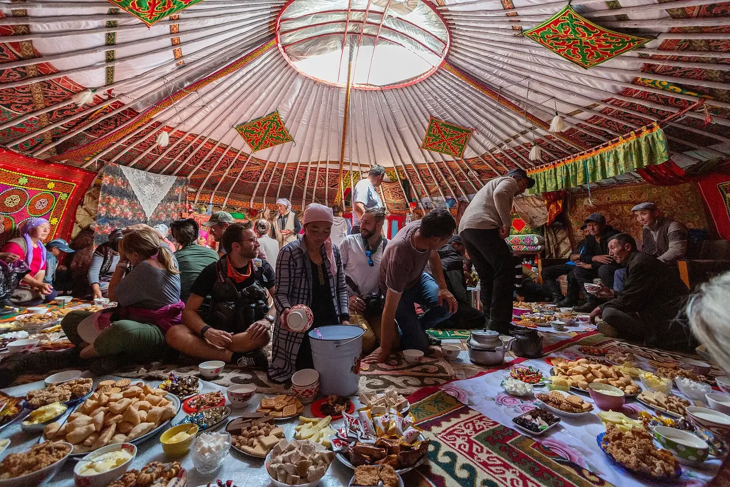 A simple traditional meal laid out inside a ger in western Mongolia
