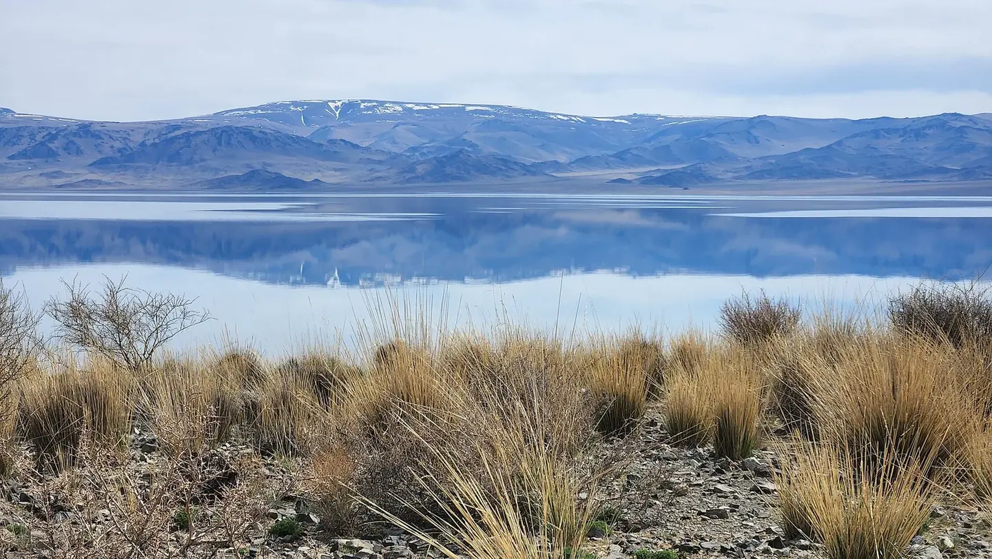 The saline blue water of Lake Uureg backed by mountains